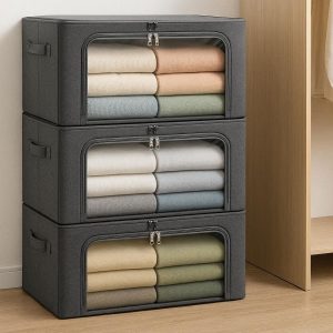 Heavy Duty Wardrobe Storage Bags with Steel Frame Stackable Clothes Organizers with Clear Windows Front Door Access Bins