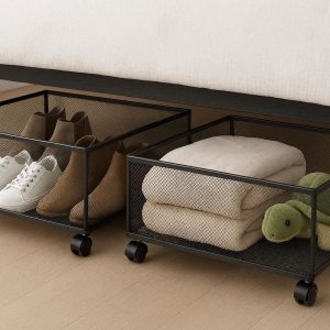 Metal Under Bed Storage Containers with Rolling Wheels Wire Mesh Storage Bins for Shoes Blankets Toys Multi Purpose Organizer